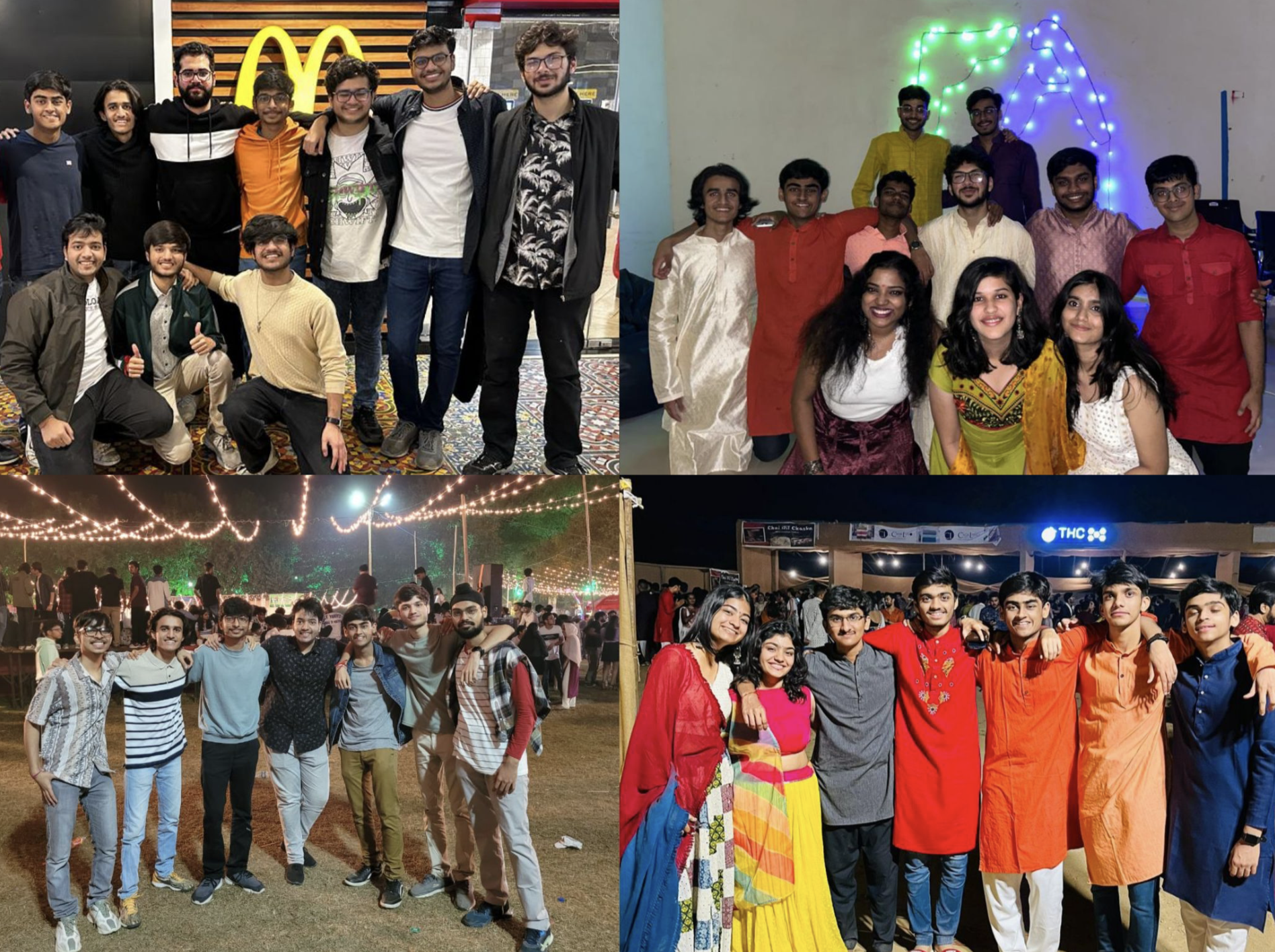 Clockwise from top left: “Nilay tu yahan” at Z Square, Team FAC during Diwali, Antaragni ‘23 and Garba with friends at home