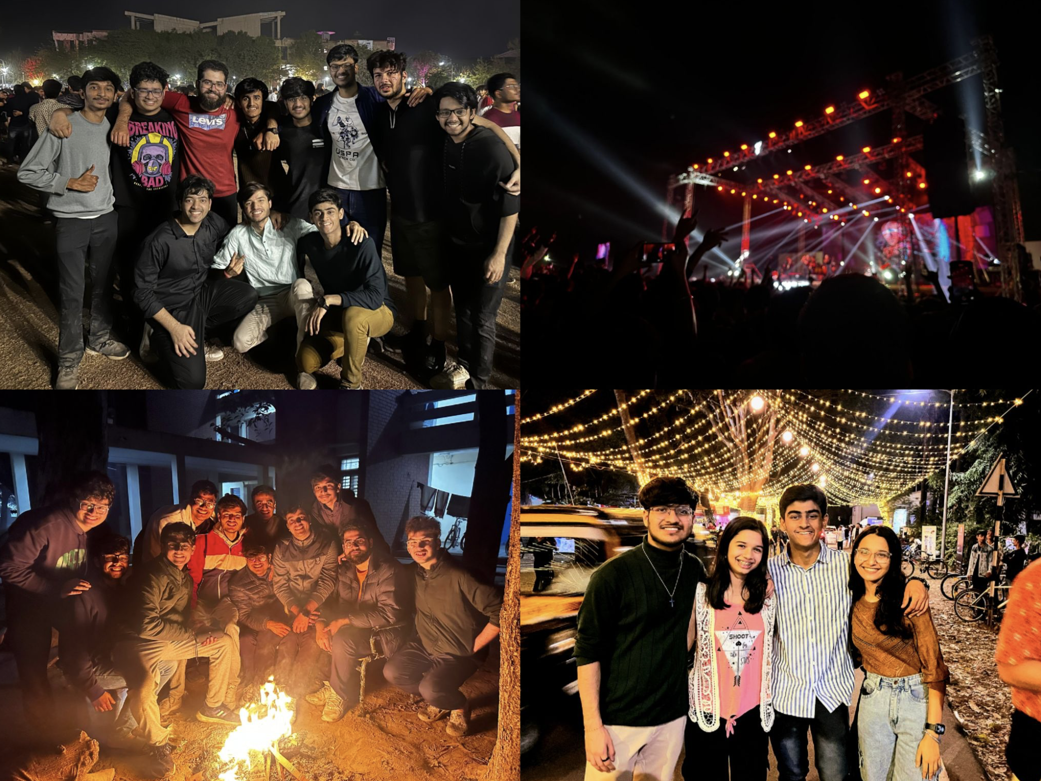 Clockwise from top left: Techkriti ‘24 (1&2), Mood Indigo, Bonfire and jamming with “Nilay tu Yahan” in Hall 5